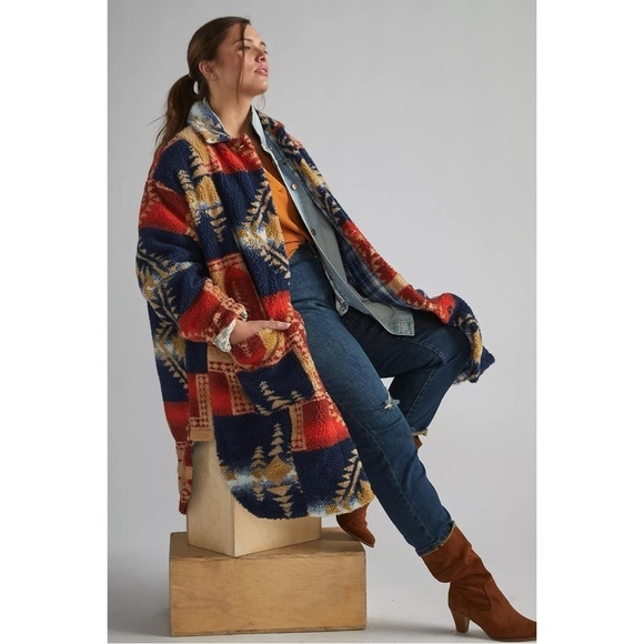 Anthropologie Pilcro Leopard Duster Jacket Sherpa Southwestern Country Boho Med - Picture 16 of 16